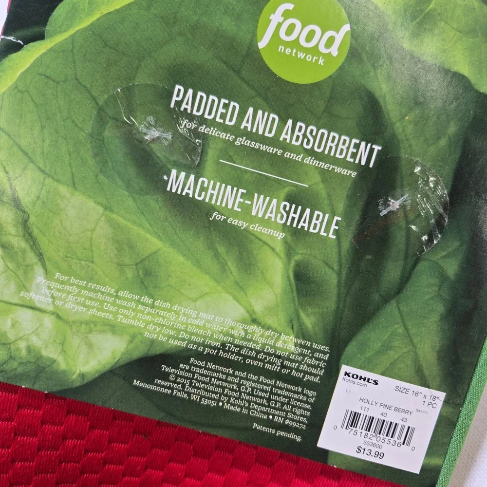 Food Network Dish Drying Mat 16x18 Christmas Holly Pine Berry Holiday New